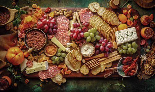 Platter Cheese Crackers Grapes Nuts Meats Generative Re